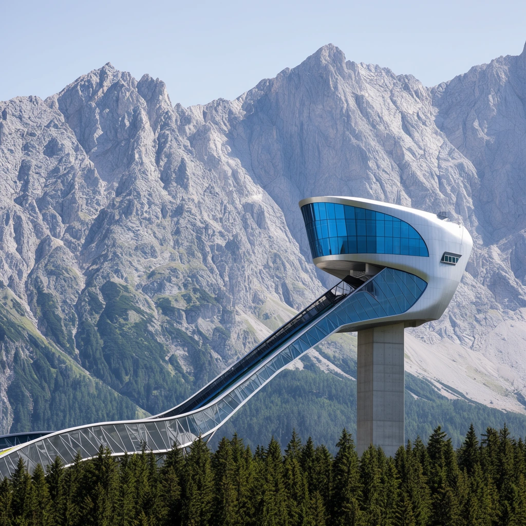 sleek metallic ski jump tower with blue panoramic windows rising above dense pine forest, tall vertical concrete pillar, sweeping downward ramp, massive rugged alpine mountain range background, daytime landscape photography