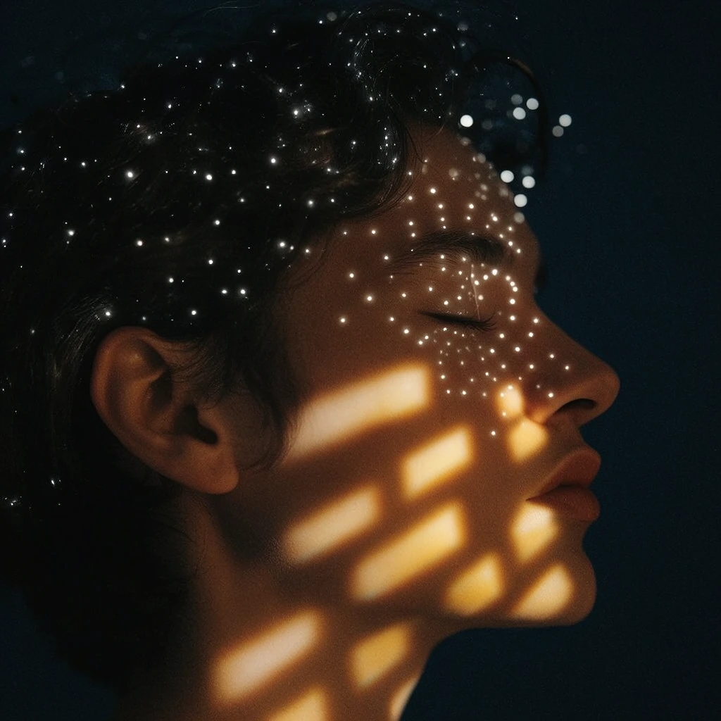 Close-up profile portrait of a person with closed eyes against a deep dark void. Luminous pinpoint white dots scatter across their dark hair and eyelids. Warm golden geometric light patches project across their jawline. The surreal composition features heavy chiaroscuro and intimate, low-key cinematic lighting.