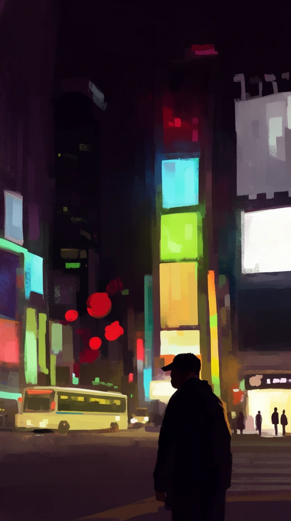 A digital painting captures a moody night cityscape illuminated by vibrant neon signs with a heavy silhouetted figure anchoring the right foreground. The solitary figure wears a dark jacket and cap, facing toward an intersection where a glowing pale yellow bus passes. Abstract red orbs hover above the street, while tiny dark silhouettes of pedestrians stand near bright storefronts on the lower right. Looming dark buildings in the background are layered with luminous rectangular and vertical billboards radiating cyan, lime green, warm yellow, and stark white light. The impressionistic rendering features broad, blocky brushstrokes and thick textures, contrasting deep atmospheric purples and blacks against saturated urban lights to create a cinematic metropolitan atmosphere.