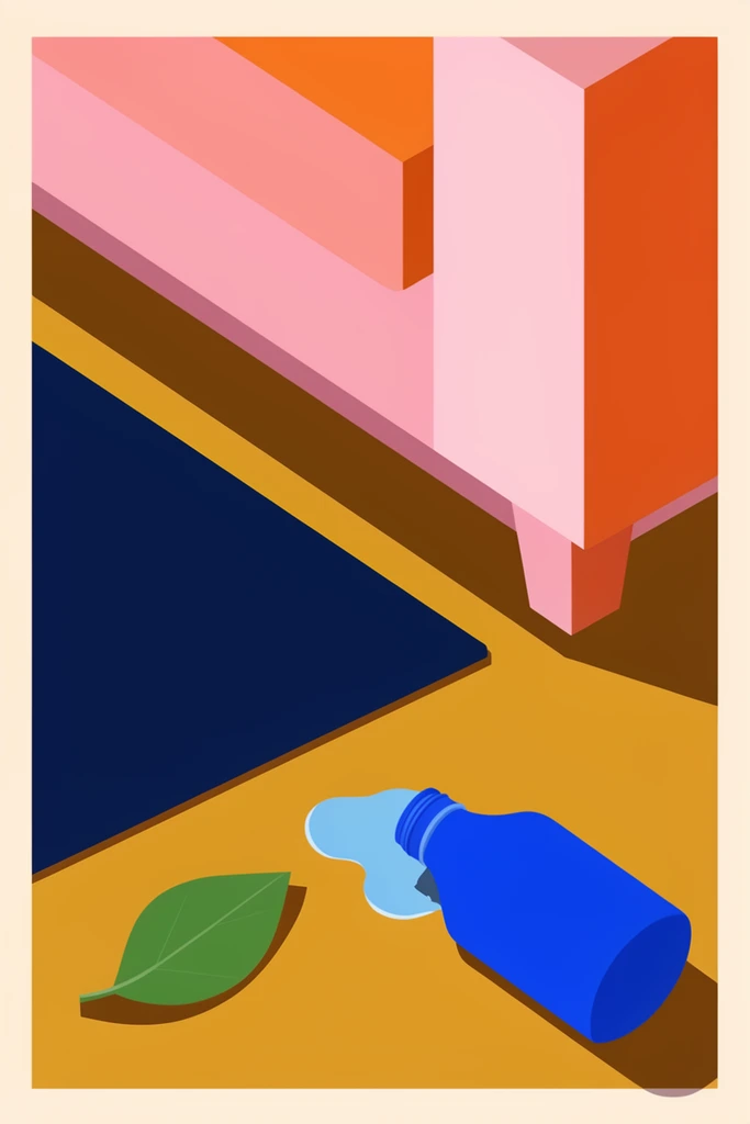 Minimalist geometric flat vector art, top-down angled view, spilled bright blue bottle, light blue puddle, green leaf on mustard floor, navy rug, pink and orange blocky furniture, sharp brown shadows, cream border
