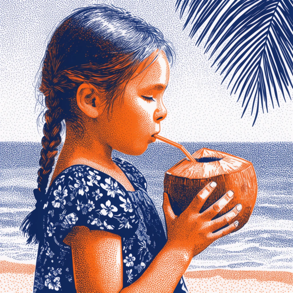 Young girl in profile drinking from a coconut, two-color halftone illustration, vibrant orange and navy blue stippling, pop art screen print aesthetic, braided hair, dark blue floral dress, palm frond top right, ocean horizon, shading formed by varying dot density