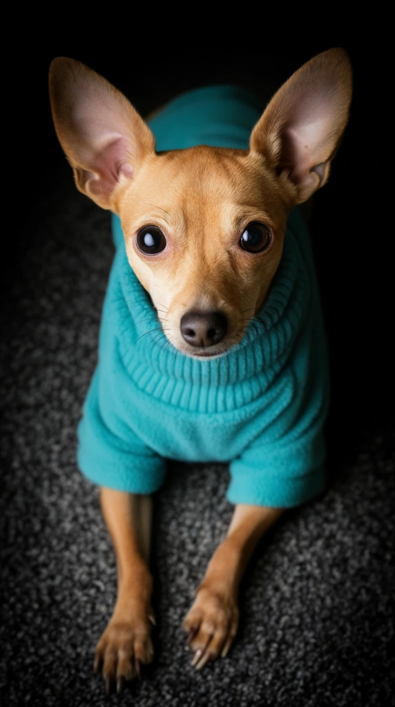 small tan short-haired dog with prominent erect ears and large dark round eyes, wearing a bright teal ribbed fleece turtleneck sweater, front legs extended forward with resting paws, dark gray textured carpet surface, solid black background, high contrast pet portrait photography, sharp focus on the face, shallow depth of field blurring the paws, dramatic spotlight illumination, top-down angled perspective