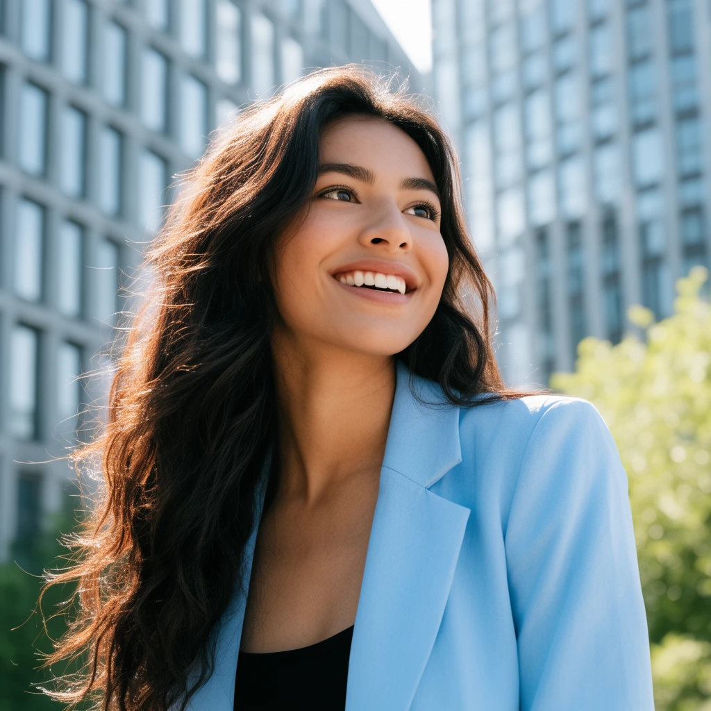 A young woman with long dark wavy hair smiles brightly while looking off-camera to the right. Captured from a slightly low angle in bright natural sunlight, a radiant rim light catches her hair. She wears a light blue blazer over a black top. The shallow depth of field softly blurs the daytime background, featuring modern grey architectural buildings, grid-like facades, and green foliage, creating a crisp, optimistic lifestyle photography aesthetic.