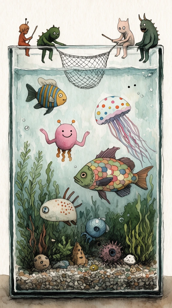 A whimsical watercolor and ink illustration on textured paper featuring a large rectangular glass aquarium filled with surreal aquatic creatures, plants, and gravel. Inside, eccentric beings like a polka-dot jellyfish, a smiling pink entity, and large patterned fish swim among submerged oddities. Tiny stylized humanoid and monster figures sit on the tank's upper rim, interacting with the ecosystem using a suspended net and sticks. The imaginative scene uses a muted, earthy color palette.