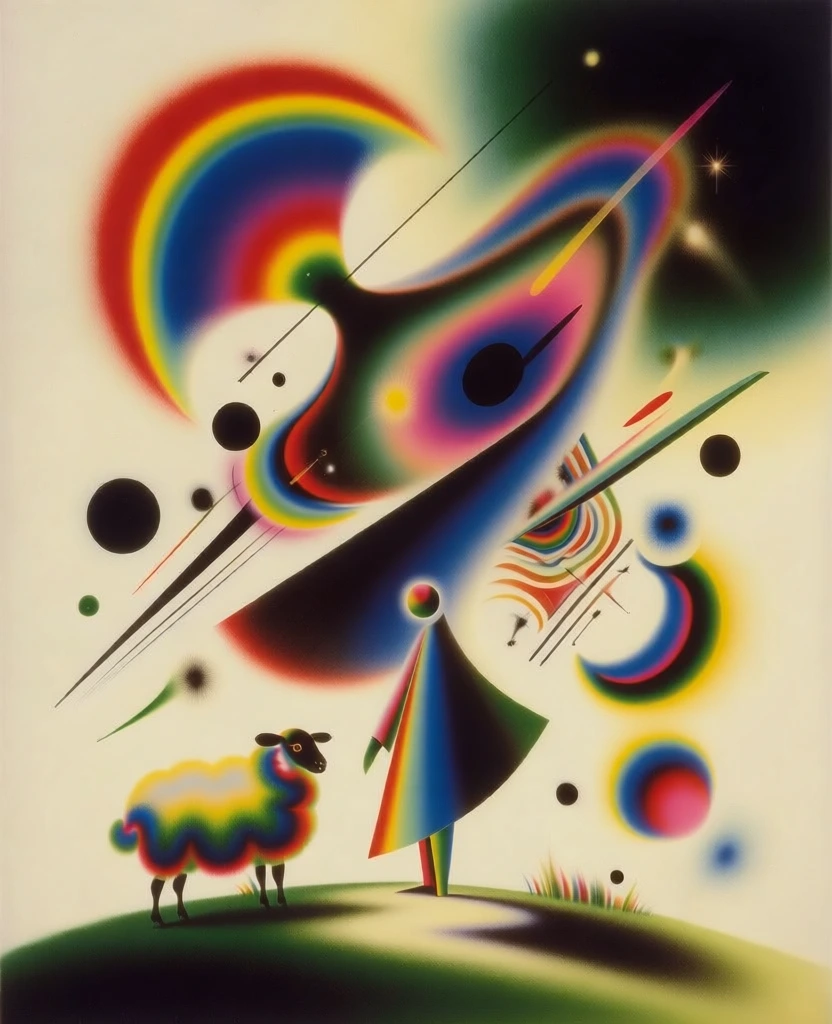 abstract expressionist style inspired by late kandinsky and bauhaus, soft airbrushed gradients, glowing vibrant primary colors, a geometric figure standing next to a stylized sheep on a soft green hilltop, weightless composition, creamy off-white background, iridescent rainbow arcs, floating black circles and sharp lines, cosmic modernist aesthetic, diffused ethereal lighting, matte finish, highly detailed dreamlike abstraction, fluid shapes intersecting sharp diagonals.