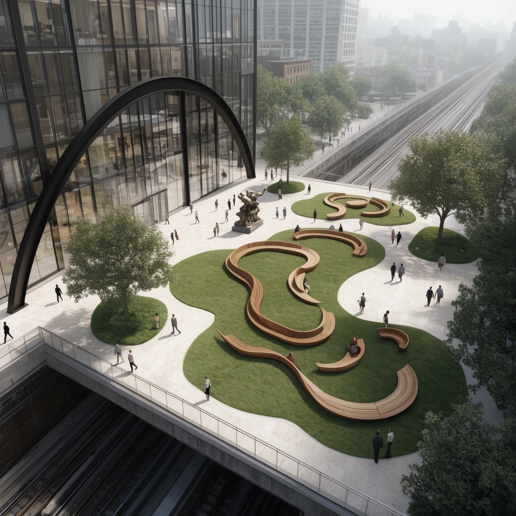 A high-angle architectural rendering of an elevated urban plaza featuring amoeba-shaped lawns and serpentine wooden benches. Tiny pedestrians populate the light stone paving among trees and a bronze sculpture. The plaza sits above subterranean train tracks. A glass building with a massive black structural arch spanning its facade anchors the left. Soft diffused daylight, photorealistic 3D visualization.