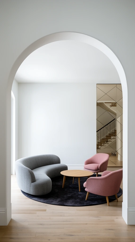 A minimalist living room framed by a thick white arched doorway. A curved grey sofa, two dusty pink armchairs, and a round wood table sit on a dark rug. A geometric mirrored panel on the right reflects a staircase, illuminated by soft natural light against white walls and light wood floors.