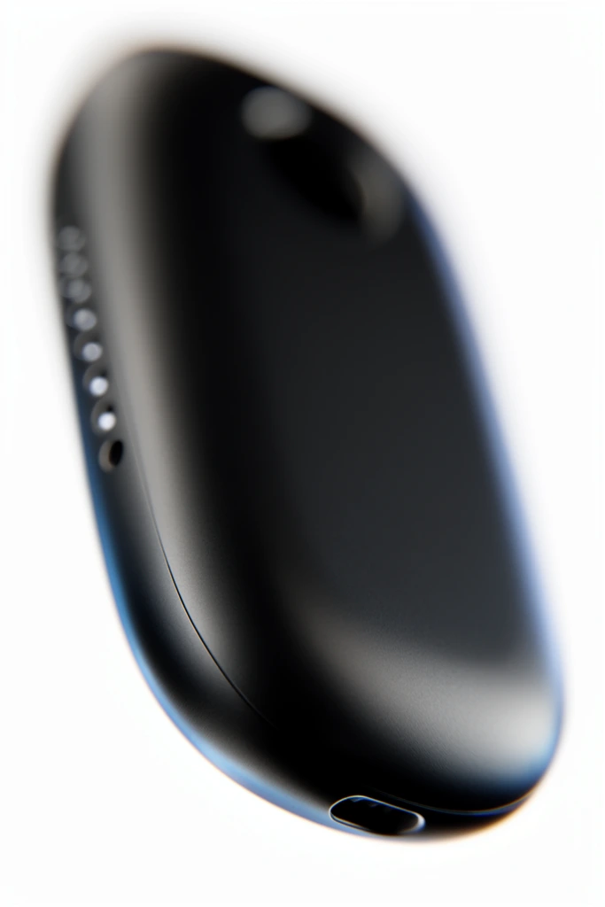 Sleek matte black electronic device, smooth pebble-shaped casing, sharp focus on the bottom curved edge revealing a small connection port, a row of tiny circular indicator lights along the blurred side, extreme macro photography, extremely shallow depth of field, heavy bokeh blurring the main body, high-contrast studio lighting, elegant rim highlights, subtle blue chromatic aberration on the contours, isolated against a pure white background, premium minimalist industrial design, pristine textures