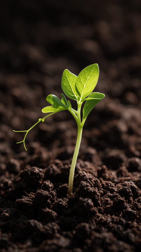 vibrant green seedling emerging from dark clumpy soil, macro photography, delicate pale green stem, bright translucent leaves with visible veins, thin tendril reaching left, sharp focus, shallow depth of field, blurred rich brown earth background, cinematic backlighting, high contrast