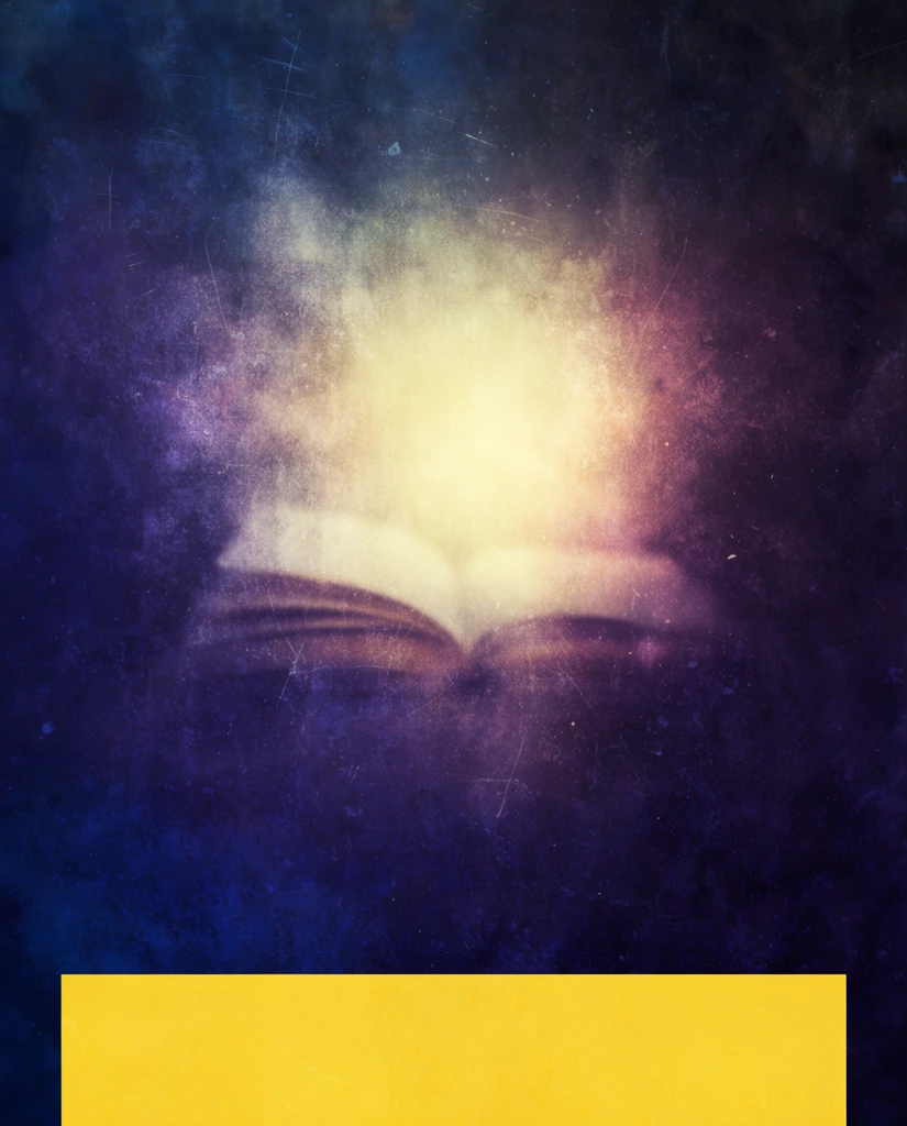 A distressed, moody abstract composition featuring a radiant central light source illuminating a heavily textured, dark backdrop. The central glow bursts in warm yellowish-white, revealing faint, blurred contours of an open book nestled within the light. Surrounding the luminous core, the color palette transitions into deep, rich hues of indigo, violet, and midnight blue. The entire surface is overlaid with a grunge aesthetic consisting of scattered dust, fine white scratches, and vintage film grain. At the bottom edge, a stark, opaque yellow rectangular block stretches horizontally across the frame, creating a sharp geometric contrast against the organic, glowing textures above.