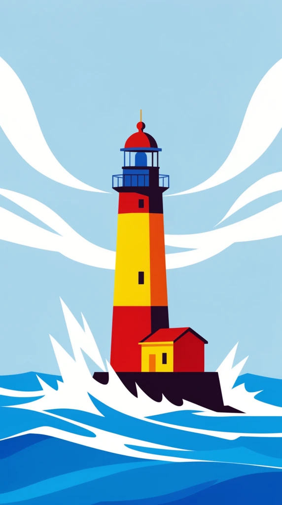 A minimalist vector illustration of a tall lighthouse standing in a turbulent ocean. The central structure features a color-blocked design with a solid red base, a bright yellow midsection, a dark blue lantern gallery, and a red domed roof. A small attached building rests on the dark foundation, sharing the yellow and red palette. Stylized, sharp-edged white foam splashes against the base as vibrant blue waves crash around it. The background consists of a clear light blue sky accented by smooth, sweeping ribbon-like white clouds that symmetrically frame the upper tower. The graphic composition relies on flat colors, stark geometric shapes, crisp edges, and a bold primary color palette utilizing solid, unshaded blocks of color.