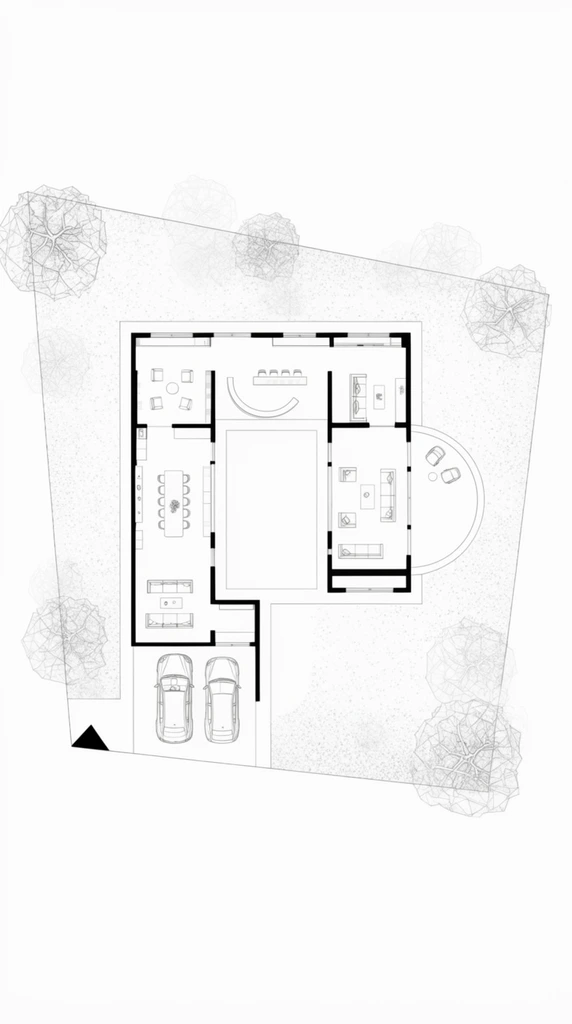 A minimalist black-and-white architectural floor plan of a courtyard residence rendered in precise line art. Thick solid black lines delineate structural walls, while delicate strokes detail interior elements including a long dining table, living room seating, a curved partition, and two vehicles inside a garage. The U-shaped layout flanks a central open void, bordered by a semi-circular patio on the right wing. Faint stippling and stylized wireframe trees illustrate the surrounding exterior landscape, anchored by a solid black triangle entry marker at the bottom left. The drafted illustration is contained within a subtly skewed quadrilateral footprint set against a stark white background.
