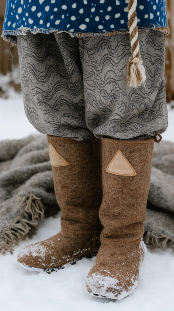 Tall, coarse brown felt boots with triangular patches stand in crisp snow, worn by a person in baggy grey trousers with a dark wavy pattern. The trousers are tucked into the snow-dusted boots beneath the frayed hem of a blue, white-spotted garment with a dangling braided rope. A heavy, frayed grey woolen blanket lies crumpled in the snowy background under soft, diffused daylight, highlighting an earthy, vintage aesthetic.