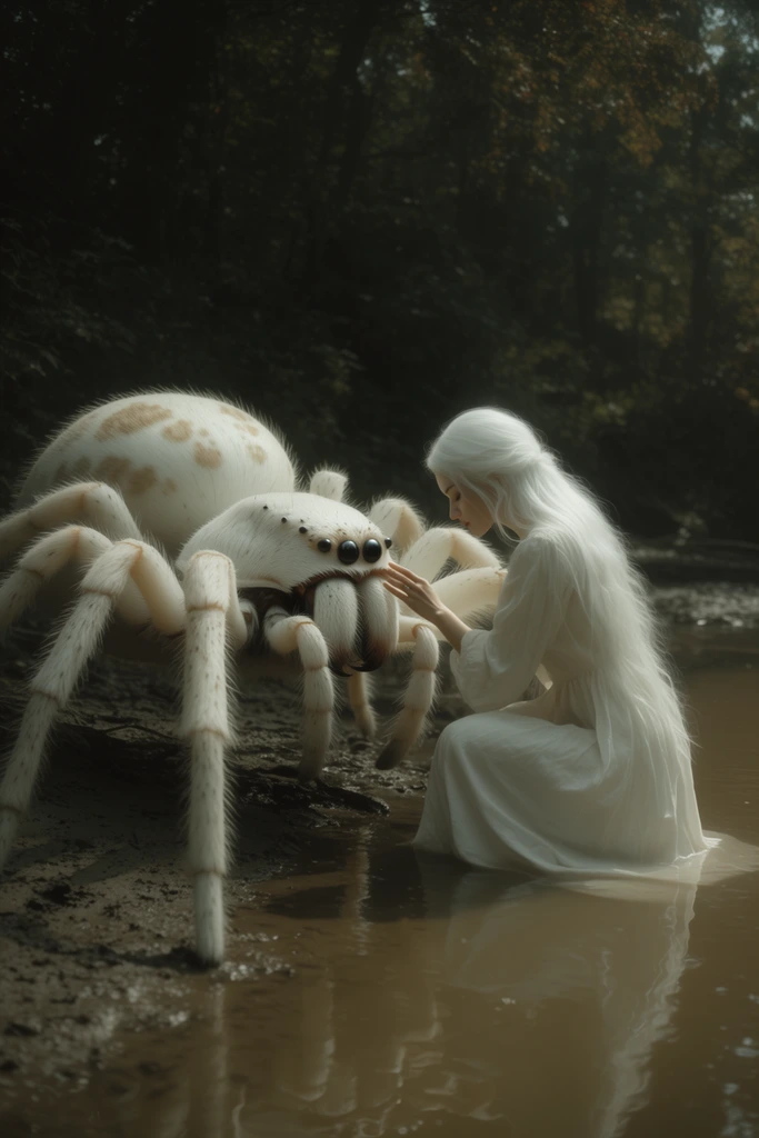 A woman with long white hair kneels in shallow muddy water, gently touching the face of a colossal, pale white spider on a riverbank. The arachnid features thick, furry legs, a bulbous abdomen with tan spots, and glossy dark eyes. Dressed in a flowing white gown, the woman leans forward serenely, her hand resting near its mandibles. The murky water reflects her dress against the muddy shore, leading back to a dense, shadowy forest. The composition features a dark fantasy aesthetic with an earthy color palette contrasting the stark white subjects. Soft, diffused daylight establishes an ethereal, cinematic atmosphere around the surreal interaction.