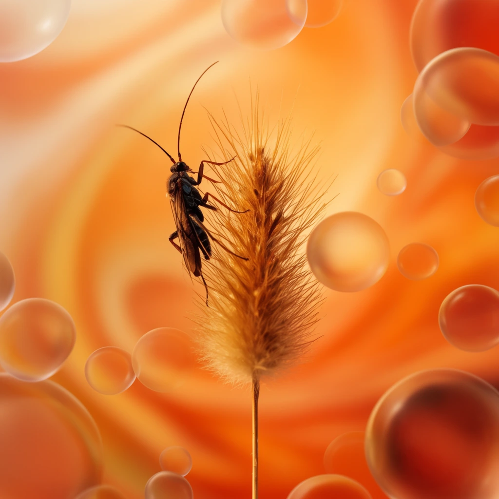 A dark insect with long antennae rests on a fuzzy golden-brown seed head atop a thin stem. Warm amber and orange hues dominate the softly blurred swirling background. Translucent spherical orbs of varying sizes float across the composition creating a surreal overlay. The macro perspective contrasts the sharp bristles of the plant with the smooth glass-like floating bubbles in a dreamy soft-lit atmosphere.