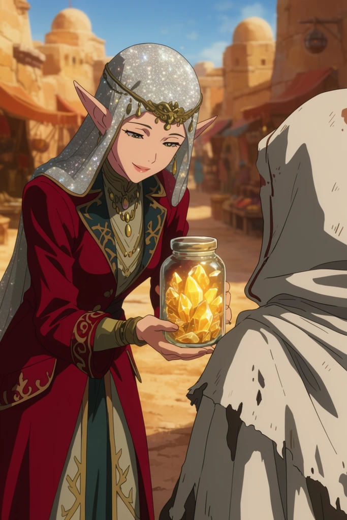 An elegant elven merchant in a shimmering silver veil and tailored crimson coat offers a glass jar of glowing golden crystals to a cloaked figure. The merchant smiles softly, leaning forward to present the luminous wares. Viewed from behind in an over-the-shoulder perspective, the recipient wears a tattered white cloak. They stand in a sunlit desert bazaar bordered by warmly lit sandstone architecture. Rendered in a vibrant cel-shaded animation style, the scene features crisp linework, warm natural lighting, and a rich color palette that highlights the radiant crystals against the dusty earthen background.
