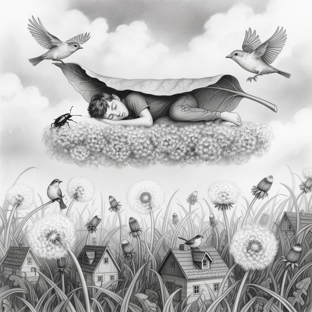 A surreal monochrome graphite illustration of a youth sleeping atop a floating bed of dandelion seed heads. A large leaf serves as his blanket, clutched by two birds soaring in a cloudy sky. A beetle rests on the foliage. Below, a dense thicket of oversized grasses and dandelion stems conceals miniature gabled cabins with birds perched on their roofs. Intricate fine line work and precise cross-hatching define the dreamlike composition, emphasizing the striking scale disparity between the giant flora, the floating figure, and the microscopic village.