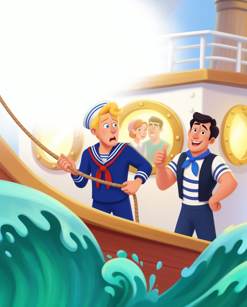 two stylized cartoon men on a ship deck, blonde man in a blue sailor suit holding a rope with a startled expression, dark-haired man in a striped vest and blue neckerchief smiling with a thumbs up, large stylized teal waves splashing against the hull, bright cabin wall with glowing portholes behind them, porthole framing a couple inside, soft digital 2D illustration, prominent white negative space filling the upper left