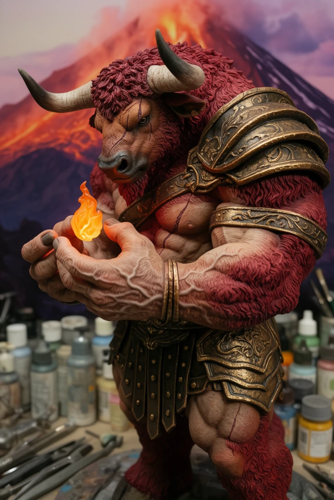 A macro photograph of a massive, heavily muscled minotaur sculpture gently holding a small glowing ember. The figure features dense crimson fur, bronze gladiator armor, and a scarred bovine face. Its massive hands, crafted with realistic vein textures, delicately cradle the bright orange ember. The sculpture rests on a cluttered workbench surrounded by out-of-focus paint bottles and metal tools against a printed backdrop of a volcanic mountain range. Shallow depth of field highlights the intricate physical textures under warm studio lighting, emphasizing the contrast between brutal bulk and tender posture.