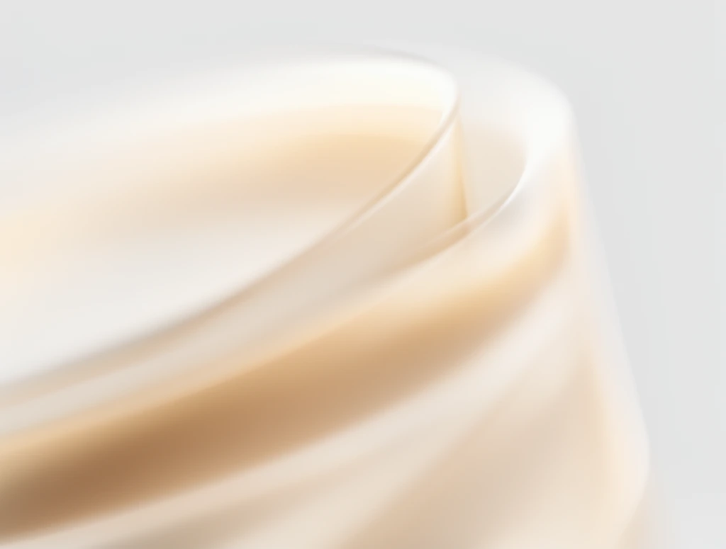 Sweeping, luminous curves of soft beige and warm off-white overlap to form a softly blurred cylindrical edge against a pale gray background. The abstract, minimalist scene features pronounced motion blur, smooth continuous gradients, and high-key ethereal lighting emphasizing fluid movement.