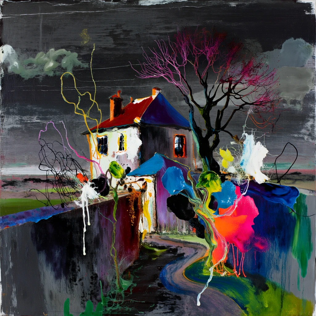 architectural landscape with a central two-story building and bare multi-branched tree, high wall extending forward, narrow curving path, flat horizon under a cloudy sky, dark expressive painterly style, horizontal scraped background textures, thick glossy impasto, vibrant neon splashes of cyan and magenta, wiry gestural lines, fluid drips, high contrast against a black void, chaotic yet structured composition, moody abstract expressionist aesthetic, textured mark-making.
