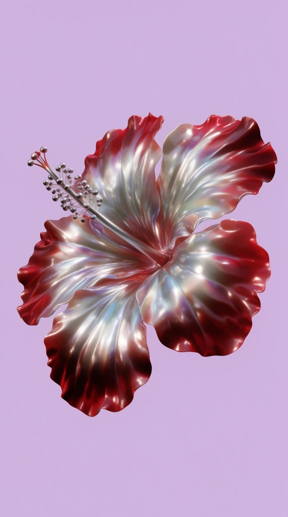 A 3D-rendered, surreal hibiscus flower floats against a solid pastel lavender background. The botanical subject features highly reflective, pearlescent petals transitioning from deep ruby red at the ruffled edges to iridescent silver at the core. A prominent, elongated stamen reaches outward, adorned with tiny spherical metallic nodules. Soft lighting accentuates the glossy, futuristic material, casting bright specular highlights that contrast starkly with the flat, untextured purple backdrop.