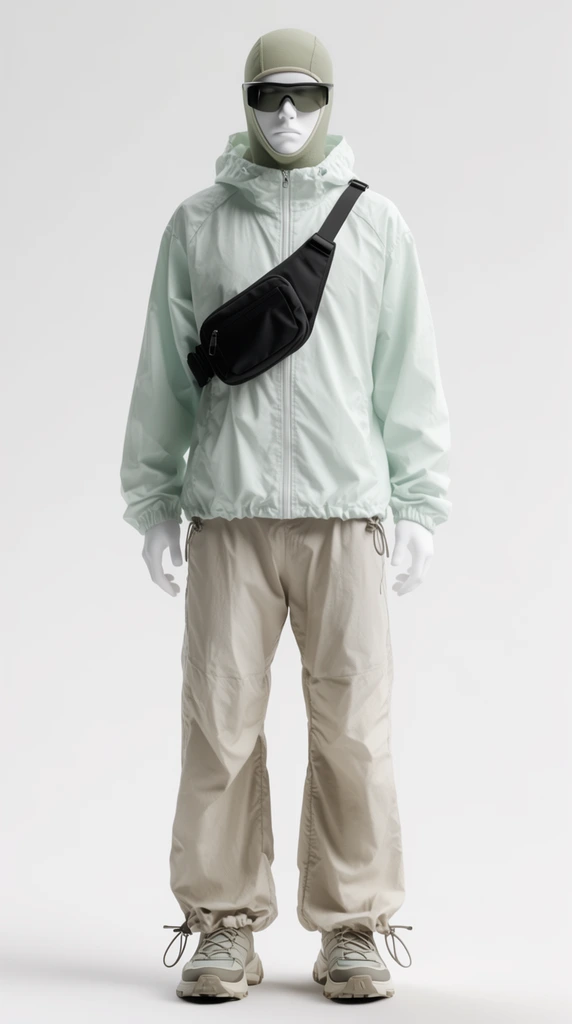 front-facing blank white mannequin wearing utilitarian techwear, light olive balaclava, dark wraparound visor sunglasses, pale mint hooded zip-up windbreaker, black crossbody chest bag, loose beige hiking pants with hem drawstrings, chunky trail sneakers, plain white background, 3D fashion editorial render, soft studio lighting
