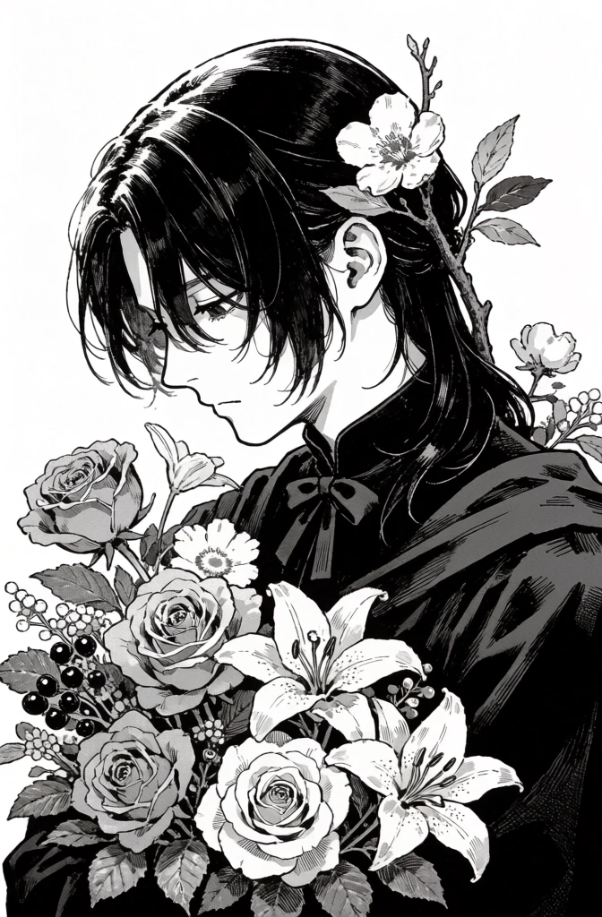 A monochromatic manga-style illustration features a person in profile looking downward while surrounded by a variety of flowers. The central figure has dark, shoulder-length hair with loose bangs that partially veil their eyes and a calm, stoic expression. They wear a dark, high-collared garment featuring a small bow at the throat and draped fabric over the shoulders. In front of the figure is a large, dense bouquet consisting of several detailed roses, lilies with prominent stamens, and small clusters of berries. A thin wooden branch with a single blooming flower and several leaves is tucked into the back of their hair. The entire composition is set against a plain, solid white background with no environmental details. The artistic style uses high-contrast black ink and white space, employing intricate linework, hatching, and cross-hatching to create depth and texture in the hair, clothing, and floral petals. The perspective is a close-up profile view, focusing on the character's face and the arrangement of flowers held against their chest. Light appears to come from the upper left, casting deep shadows within the folds of the clothing and creating bright highlights on the top of the head and the edges of the petals.