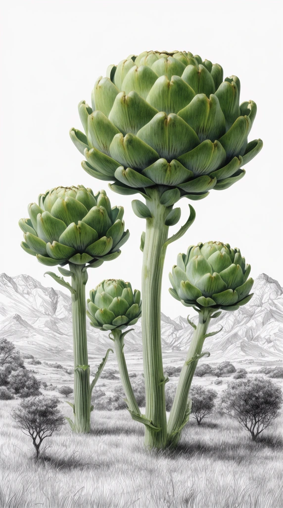 Four giant, vibrant green artichokes stand like towering trees in a grassy plain. The meticulously colored botanical subjects contrast sharply against a monochromatic graphite landscape of sketched shrubs and rugged mountains under a stark white sky.