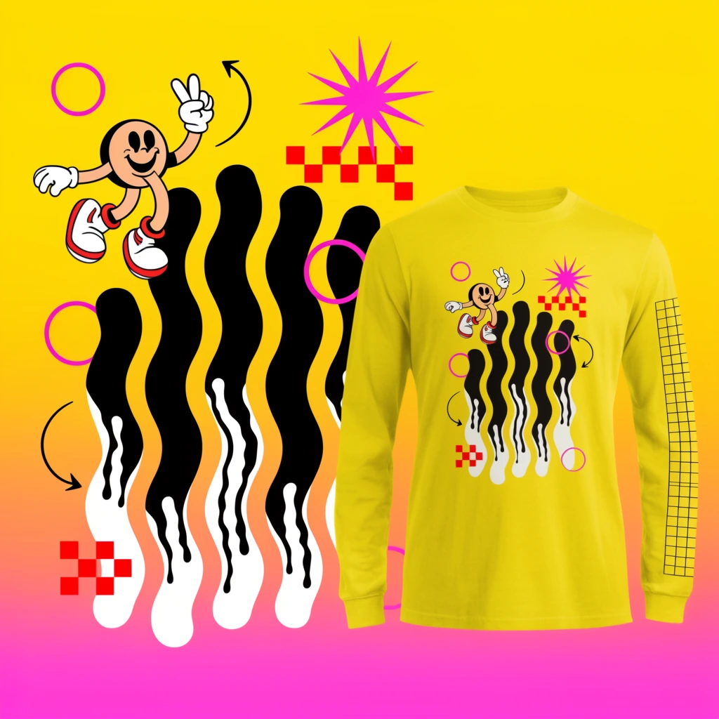 A vibrant yellow-to-pink gradient showcases an abstract retro graphic alongside a yellow long-sleeve shirt bearing the same design. The artwork centers on wavy black vertical columns melting into white liquid. A vintage rubber-hose mascot with a smiling face and a peace-sign glove floats above. Colorful accents include pink circular outlines, a pink starburst, red checkerboards, and curved black arrows. The shirt features an additional black grid down one sleeve.