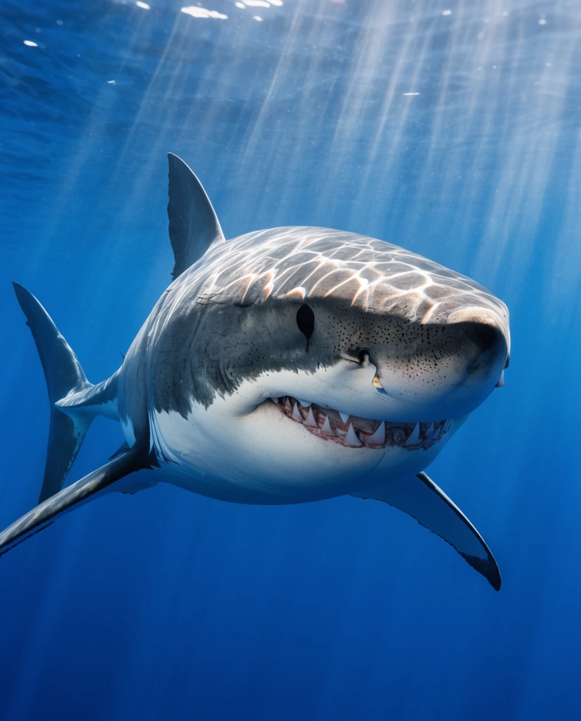 great white shark swimming in a deep blue ocean, underwater photography, crisp focus on grey dorsal skin, rippling sun caustics illuminating the back, stark white underbelly, sharp teeth, black eye, extended pectoral fins, light rays piercing vibrant blue water