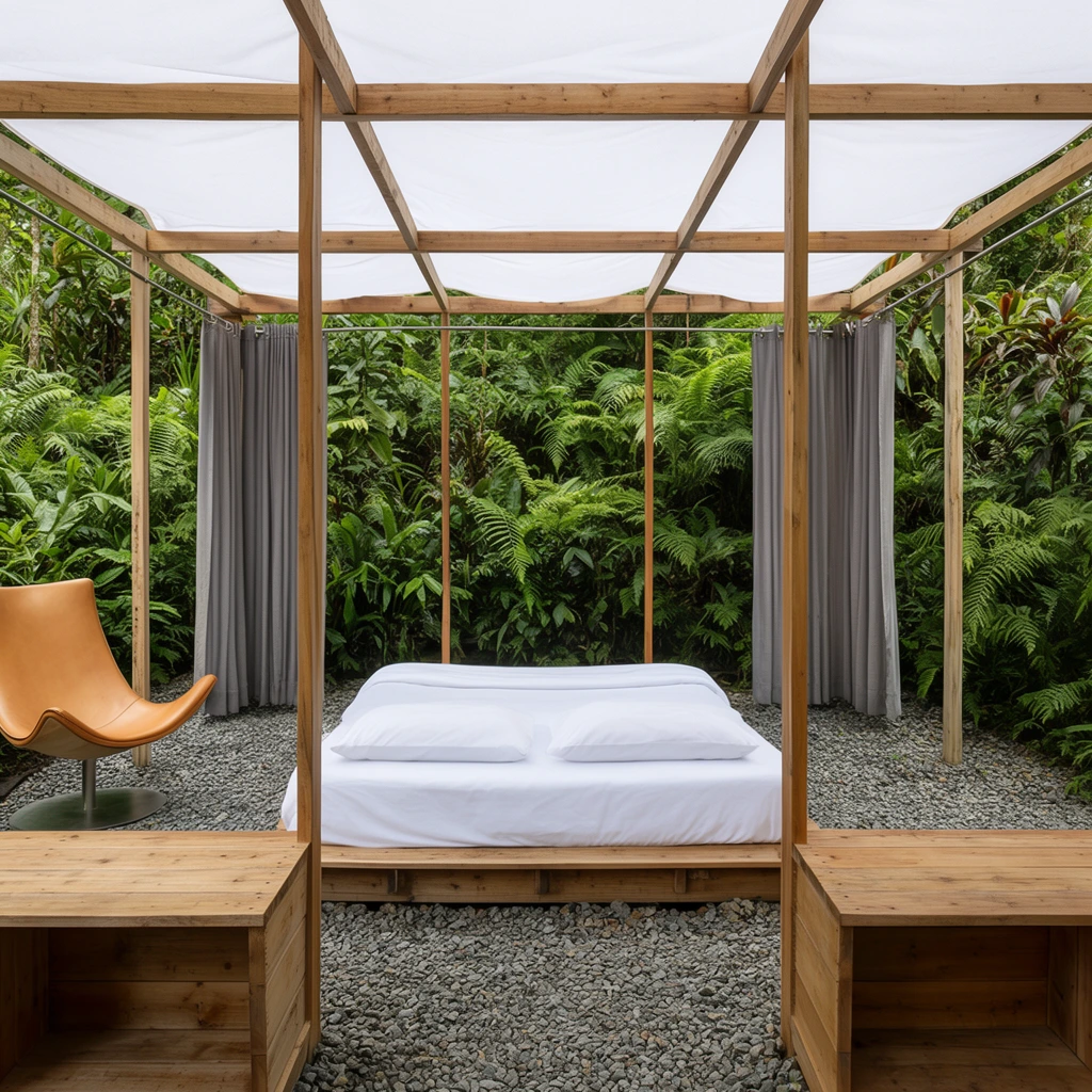 A minimalist open-air wooden sleeping pavilion sits completely immersed in a dense tropical jungle. A low timber platform bed dressed in crisp white linens rests beneath a stretched white fabric canopy, framed by a geometric grid of slender, unfinished wooden posts. The entire floor consists of loose gray gravel. Built-in wooden storage benches anchor the foreground, while a curved tan leather lounge chair on a metal pedestal sits to the left. Simple gray curtains hang from the framework, opening directly to a lush wall of vibrant green ferns and broad-leafed plants. Natural, diffused daylight illuminates the bright white bedding and warm wood tones, highlighting the contrast between the rigid architectural structure and the wild organic surroundings.