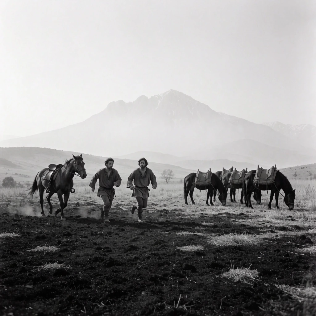 cinematic black and white wide shot, two men in rustic tunics running across a stark patchy field, one saddled horse on the left, four pack horses grazing on the right, dark burnt earth, sparse dry grass, pale hazy sky, distant rolling hills, majestic mountain peak fading into atmospheric mist, ultra-wide anamorphic aspect ratio, classic film photography, deep focus, desolate mood