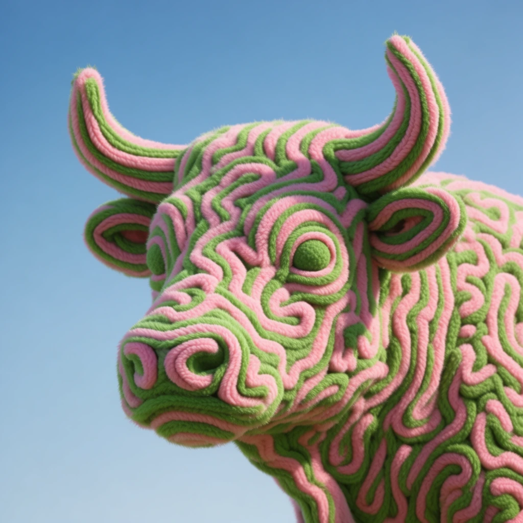 A single bull head peeking in from the right edge of the frame, rendered entirely as a surreal 3D soft sculpture composed of thick, tufted, yarn-like ridges. The bull presents two prominent horns and large, round eyes, with its entire form constructed from continuous, tubular fabric cords arranged in tight, winding, labyrinthine squiggle patterns. The tactile material is vividly colored in alternating bubblegum pink and saturated grassy green, giving the animal a deeply textured, topographical appearance with a plush, fuzzy surface finish. Bright, clear, directional sunlight casts crisp shadows into the deep grooves between the undulating cords, heavily accentuating the three-dimensional volume and tufted macro-details of the textile contours. The hyper-detailed, playful textile subject is set against a smooth, stark background featuring a seamless, clear cerulean blue gradient sky, contrasting sharply with the intricate, deeply grooved textures of the bull.