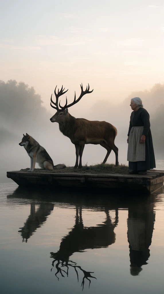 An elderly woman stands on the edge of a flat wooden barge navigating a misty river at dawn. A large stag with full antlers and a seated wolf occupy the center of the raft. The scene is captured in wide profile silhouette against a pale, foggy morning sky with still, reflective water.