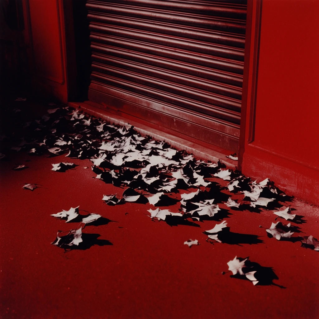 A closed storefront with a corrugated metal roll-up door and scattered sidewalk leaves is starkly illuminated against a densely saturated, blood-red facade. The horizontal ridges of the drawn metal door and the brittle, curled shapes of the fallen leaves catch a harsh, direct spotlight, rendering them in a pale, desaturated bone-white. Extreme chiaroscuro lighting creates pitch-black, heavy cast shadows that pool beneath the leaves and inside the metallic grooves, generating sharp, jagged silhouettes. The surrounding architecture and pavement form a flat, vivid crimson backdrop that dominates the asymmetrical composition's expansive negative space. The visual execution utilizes a high-contrast editorial photography aesthetic, defined by crisp textural details, extreme tonal separation between the bleached highlights and abyssal shadows, and a subtle analog film grain across the smooth, richly colored surfaces.