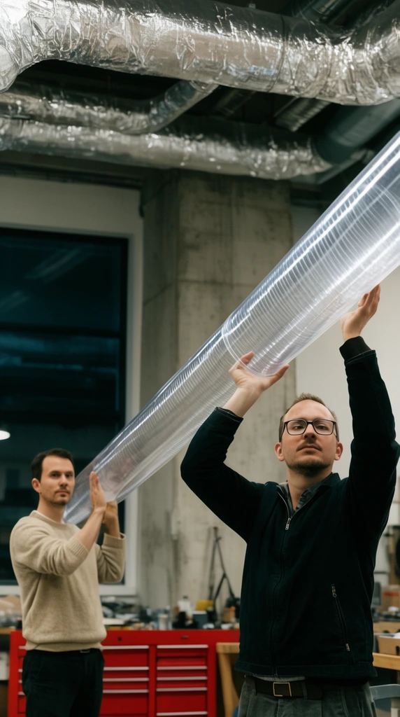 two men holding a long transparent textured cylindrical tube in an industrial workshop, foreground man in glasses and dark jacket lifting the tube with both arms raised, background man in beige sweater supporting the far end with one hand, exposed ceiling with foil ducts, concrete pillar, red tool cabinet, large dark window, shallow depth of field
