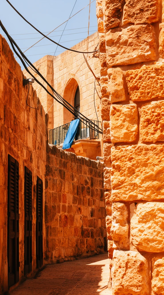 A sun-drenched, narrow alleyway constructed entirely from large, rough-hewn limestone blocks glowing with warm, golden-orange hues. The heavily textured masonry dominates the right foreground, framing a path that leads deep into the scene. On the left, a parallel stone wall features dark, slatted wooden doors at street level. In the midground, a building with a recessed arched window and a black metal balcony railing has a bright blue cloth draped over its edge. Thick black utility lines crisscross against a clear, pale blue sky above. Deep, harsh shadows emphasize the uneven, ancient stonework under bright midday sunlight, creating a high-contrast composition.