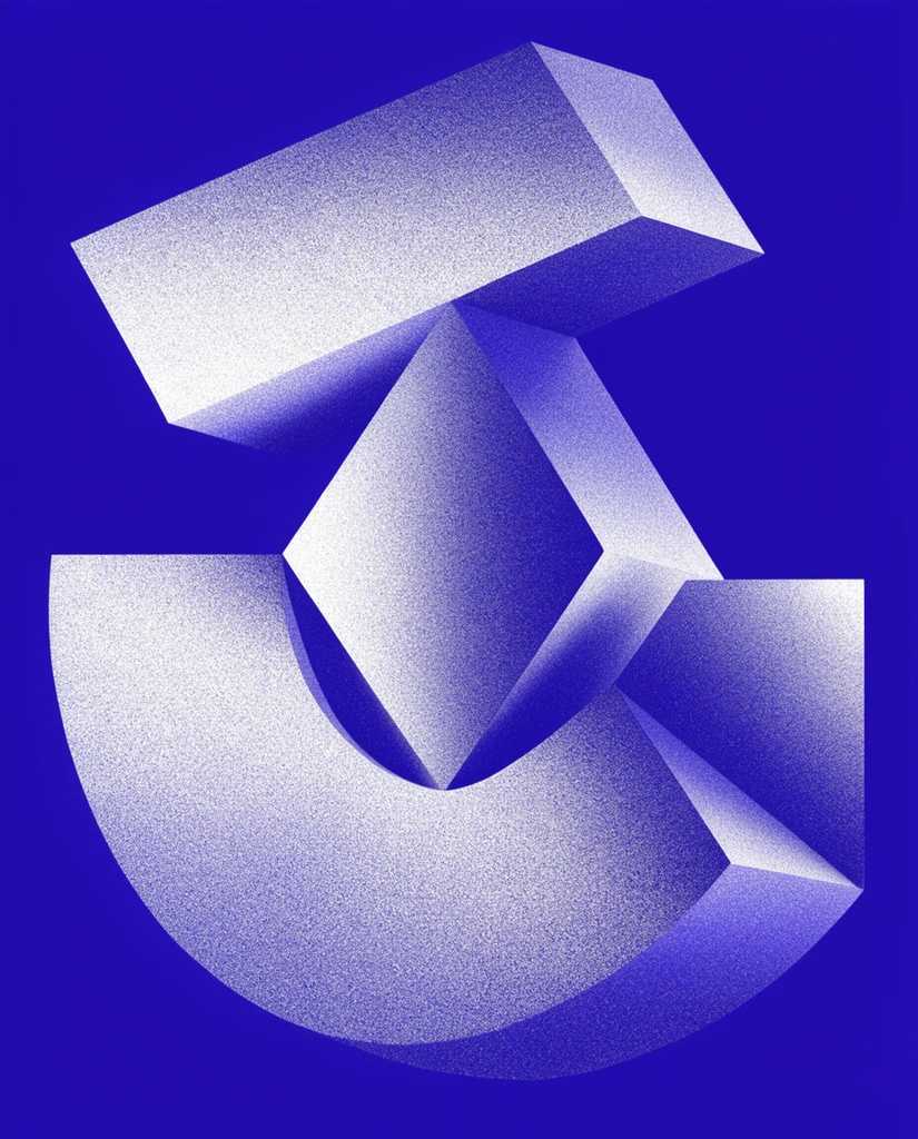 An abstract three-dimensional geometric sculpture against a solid cobalt blue background. The massive structure combines a thick sweeping crescent base with sharp faceted wedges, a central rhomboid prism, and a heavy angled overhanging cap. The entire form features a dense stippled noise texture producing grainy gradients that transition from stark icy white highlights on the upper left to deep violet-blue shadows on the right and within interior recesses. Strong directional lighting emphasizes the stark contrast between smooth curving arcs and brutalist geometric angles, creating a highly stylized digital aesthetic reminiscent of retro-futuristic dithered shading.