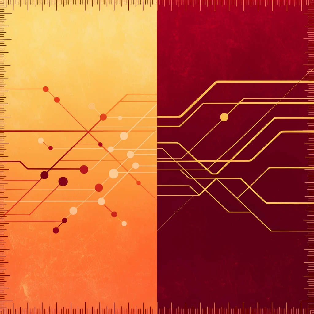 A split-screen data-visualization graphic bordered by ruler-like tick marks. The left panel features a warm yellow-orange gradient overlaid with abstract intersecting lines and circular nodes. The right panel is deep crimson crossed by angular, golden circuit-like paths. A subtle distressed texture unifies the composition.