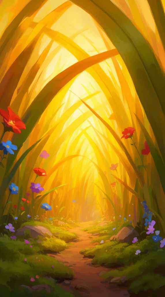 A bug's-eye view of a dirt path winding through towering, oversized blades of golden and green grass. The colossal stems arch inward, forming a luminous tunnel leading toward a brilliant golden light. Scattered red, blue, and purple flowers cling to the grass. The mossy ground features small rocks and tiny blossoms. This digital painting uses a warm, vibrant palette and soft, ethereal lighting to create a magical fantasy meadow with expressive, painterly brushstrokes.