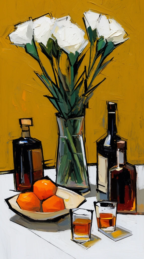 expressionist still life painting, tall white flowers in a glass vase, dark liquor bottles, small glasses with amber liquid, shallow bowl holding oranges on a stark white table, heavy impasto brushstrokes, sharp angular black outlines, textured mustard yellow background, bold contrast