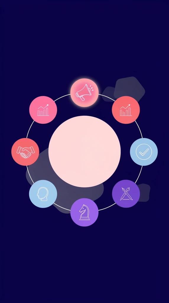A digital vector infographic centered around a large, solid pale-pink circle on a deep navy blue background. Eight smaller, brightly colored circles in shades of pink, coral, light blue, and purple form a uniform ring around the central shape, connected by a thin, continuous white circular line. Each smaller circle contains a minimal white line-art icon: a megaphone with a subtle glowing halo, an ascending chart, a handshake, a checkmark, a round coin, drafting tools, a human profile silhouette, and a chess knight. Dark, amorphous geometric blobs float softly behind the interconnected ring, adding subtle visual depth to the flat, modern, high-contrast composition.