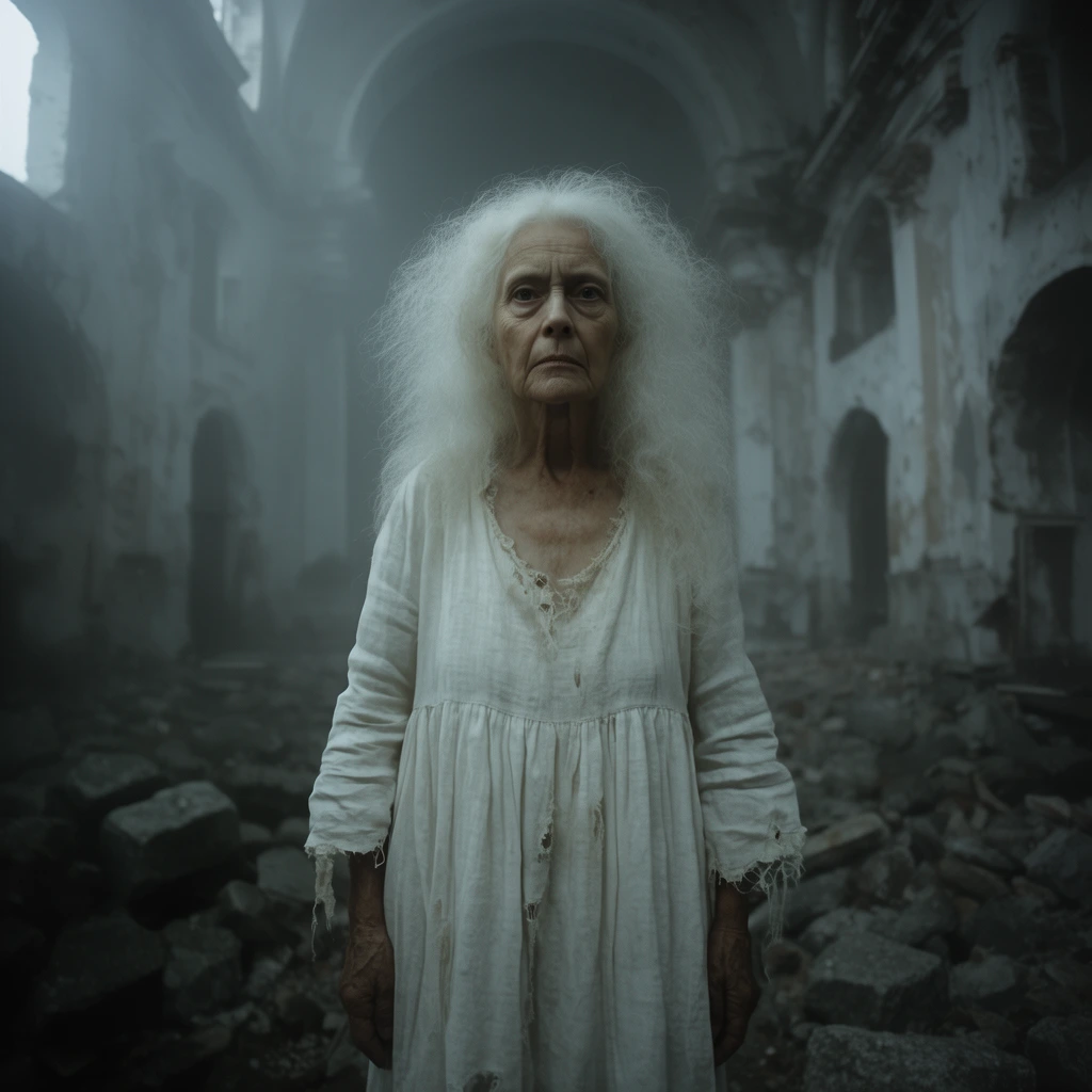 Elderly woman with wild frizzy white hair, wearing a ragged white linen dress, intense unblinking stare, standing in an abandoned crumbling cathedral, thick fog, scattered stone rubble, cinematic wide shot, eerie atmosphere, muted cool color palette, dramatic shadows, soft focus background