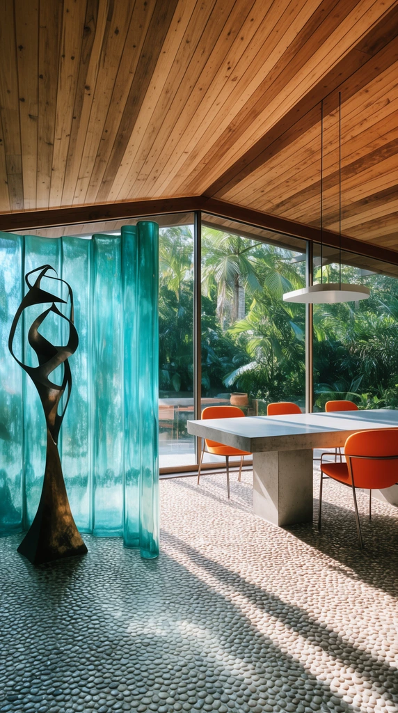 mid-century modern interior, sloping wood-plank ceiling, pebble floor, abstract metal sculpture, wavy aqua glass partition, panoramic windows, tropical greenery, concrete dining table, orange chairs, sharp natural sunlight