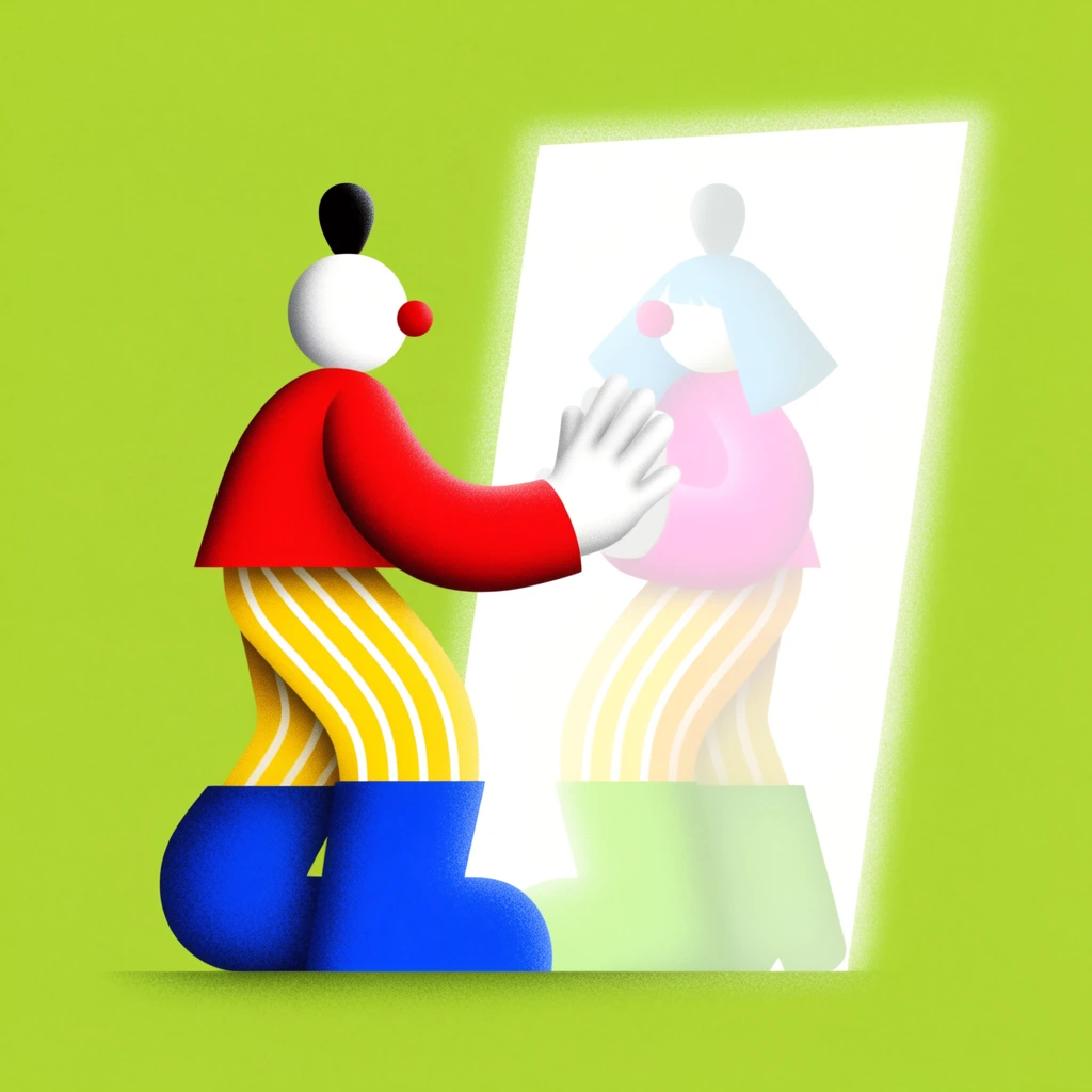 A stylized geometric figure stands in profile touching its pastel reflection inside a glowing white trapezoidal portal against a solid lime green background. The physical character features a round white head with a black topknot, red circular nose, red shirt, yellow and white striped pants, and oversized blue boots. Its white hand presses the portal's surface, meeting a faded, color-inverted reflection wearing pale blue hair, a pink shirt, and light green boots. The minimalist illustration uses clean vector shapes enhanced by a prominent stippled, grainy shading technique that adds soft volume and texture to the bold graphic composition.
