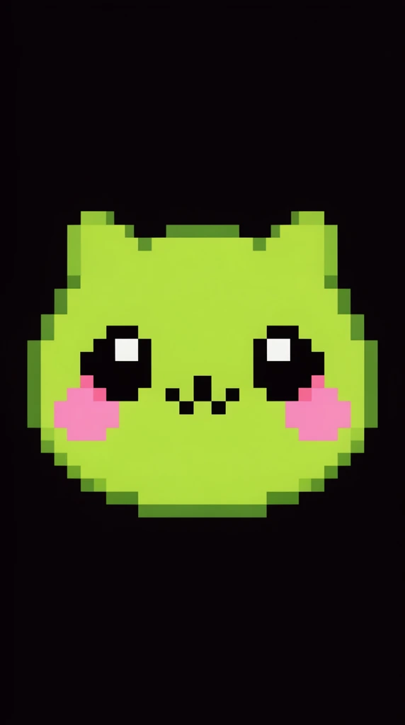 Retro 8-bit pixel art face of a round, neon green kawaii creature against a solid black background. The blocky design features large black eyes with white square reflections, tiny pointed ears, bright pink pixelated blush on its cheeks, and a minimalist black geometric nose.