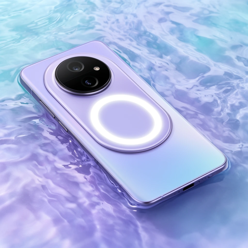 A sleek, lavender-hued modern smartphone rests in shallow, gently rippling water. The device's back panel features a prominent black circular camera module containing two lenses, positioned above a bright, glowing white ring light within a raised pill-shaped housing. The phone's smooth surface displays a gradient transition from soft lilac to pale blue. The surrounding water reflects matching pastel shades of cyan, periwinkle, and violet, creating a serene, fluid environment with crisp highlights on the gentle waves. Photographed from a top-down perspective in a high-end commercial product style, with pristine studio lighting emphasizing the glossy liquid and metallic textures.