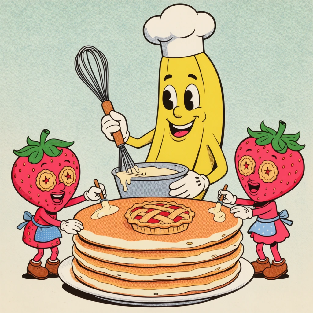 1930s rubber hose cartoon style, anthropomorphic fruit characters baking, tall banana chef whisking batter, strawberry children with pie-cut eyes decorating a giant pancake stack, vintage pastel palette, halftone texture
