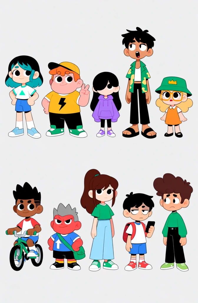 Ten stylized cartoon characters are arranged in two horizontal rows of five against a solid, neutral gray background. In the top row, the first character on the left is a girl with teal and black hair, wearing a white t-shirt and blue shorts, standing with a defiant posture. Next to her is a stout boy with ginger hair and a yellow baseball cap, wearing a yellow shirt with a black lightning bolt and black pants while giving a peace sign. In the center of the top row is a small girl with long black hair obscuring half her face, wearing an oversized purple hoodie and black leggings. To her right stands a tall, slender boy with tan skin and messy black hair, dressed in a green patterned short-sleeved shirt and black pants, looking upward with an open mouth. The last character in the top row is a small girl with blonde curly hair, wearing large glasses, an olive green bucket hat with a crown symbol, and an orange dress. In the bottom row, the first character on the left is a dark-skinned boy with black spiked hair riding a small green bicycle with a basket on the back. Next is a short, angry-looking boy with silver-gray spiked hair and a red face, wearing a blue shirt with an upward-pointing arrow. In the center of the bottom row stands a girl with long auburn hair in a ponytail, wearing a green t-shirt and light blue wide-legged trousers. To her right is a boy with black hair and tired eyes, wearing a white t-shirt, blue shorts, a red backpack, and holding a smartphone. The final character on the far right of the bottom row is a boy with voluminous brown hair and a green long-sleeved shirt tucked into black pants, looking slightly to the side with an uncertain expression. All characters feature bold black outlines and a simplistic, expressive art style consistent with modern 2D animation. Lighting is flat across the image, and there are no shadows or environmental details.